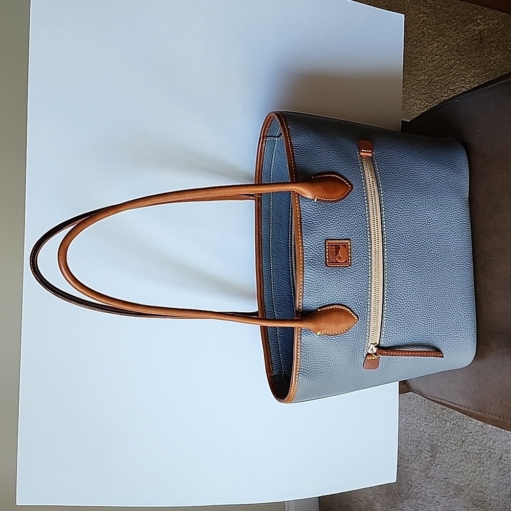 DOONEY & BOURKE Grey Pebbled Leather Two Handle Tote Bag with Tan Leather Trim